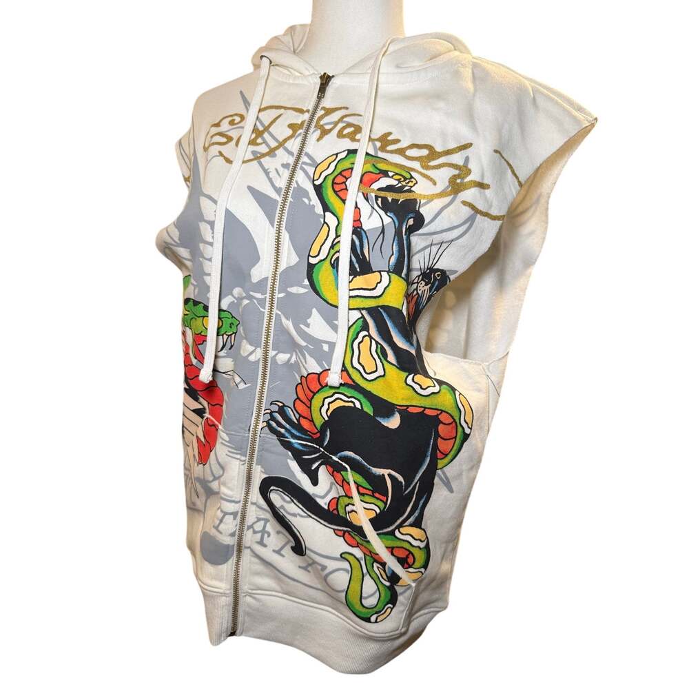 Ed Hardy Y2K Tattoo Snake Panther Graphic Sleeveless Zip Hoodie, Small